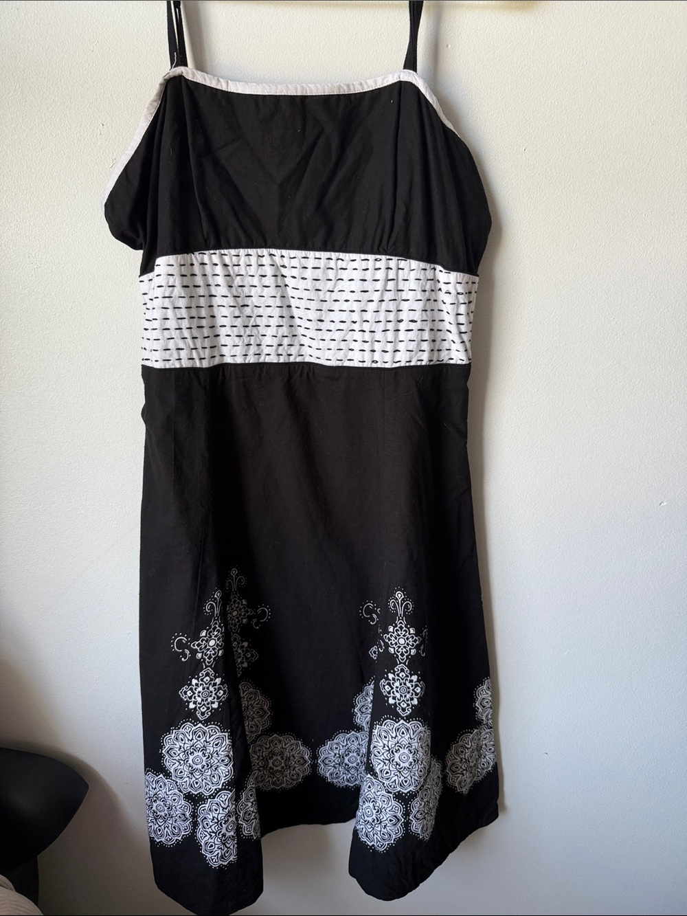 Black and White Strapless Midi Dress with Printed Hem